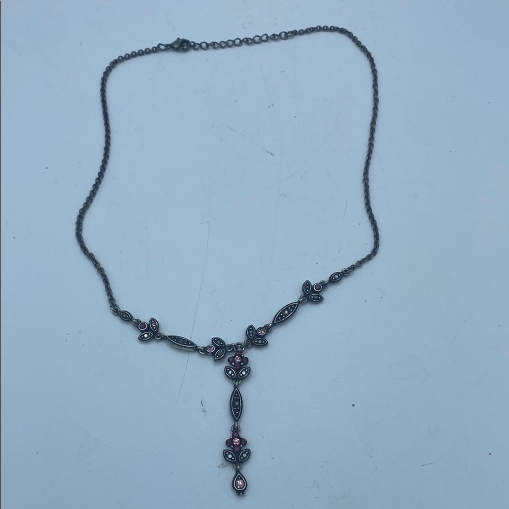 VTG Silverplate purple amethyst color crystal Y drop necklace 11”